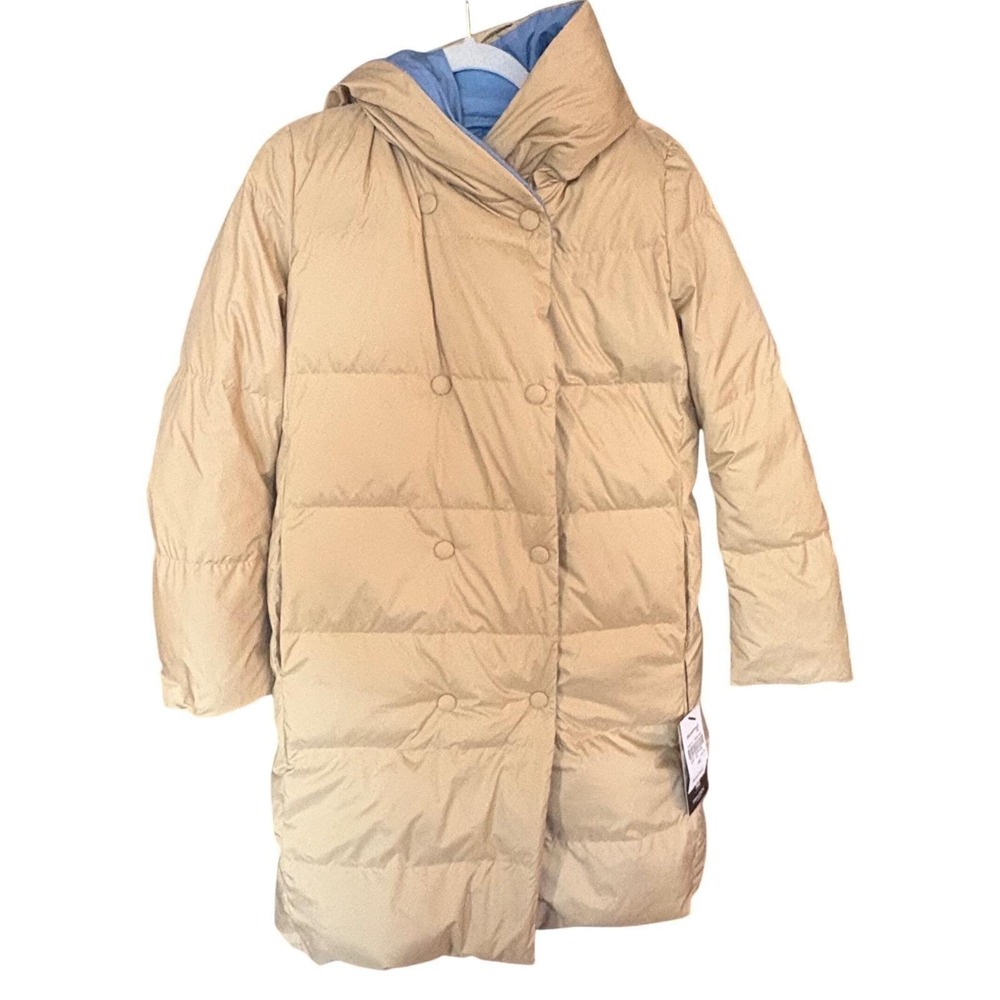 NWT BEANPOLE Reversible Goose Down Long Puffer Coat w/Hood Tan Blue‎ Sz 90/Small
